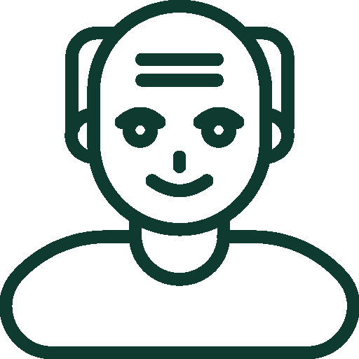 Line drawing of a smiling person with short hair and a round face.