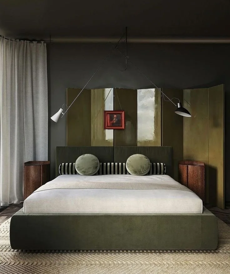 green bed and bedroom