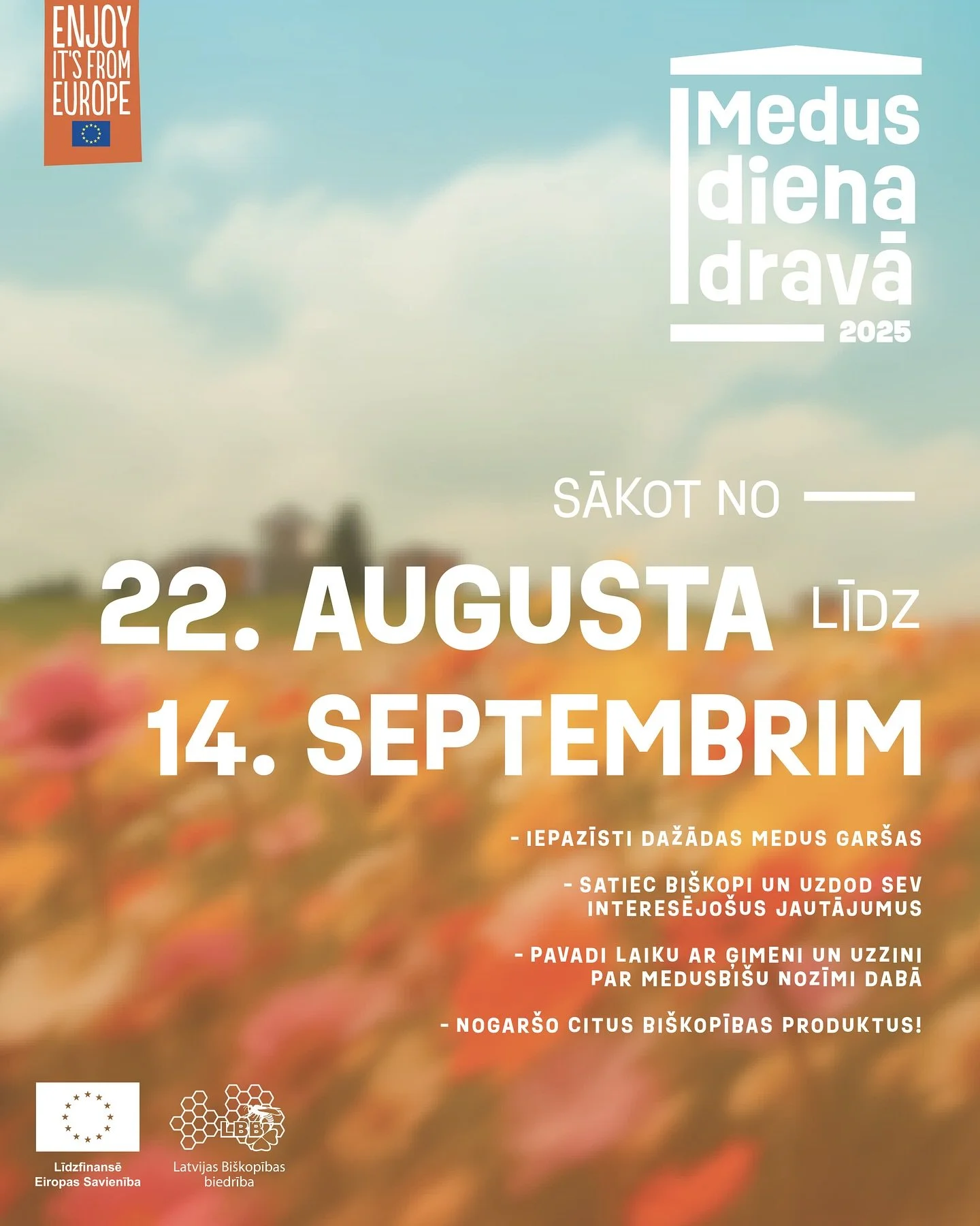 Sākot no 22. augusta, vairāk nekā 20 bi&scaron;kopji vērs savu saimniecību durvis apmeklētājiem ikgadējā Medus dienā dravā! 🍯

Izmanto &scaron;o iespēju doties pie dabas un iepazīt bi&scaron;u pasauli! 🐝
No 22. augusta apmeklē bi&scaron;kopjus visā