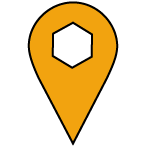 Orange map pin icon with a white hexagon inside