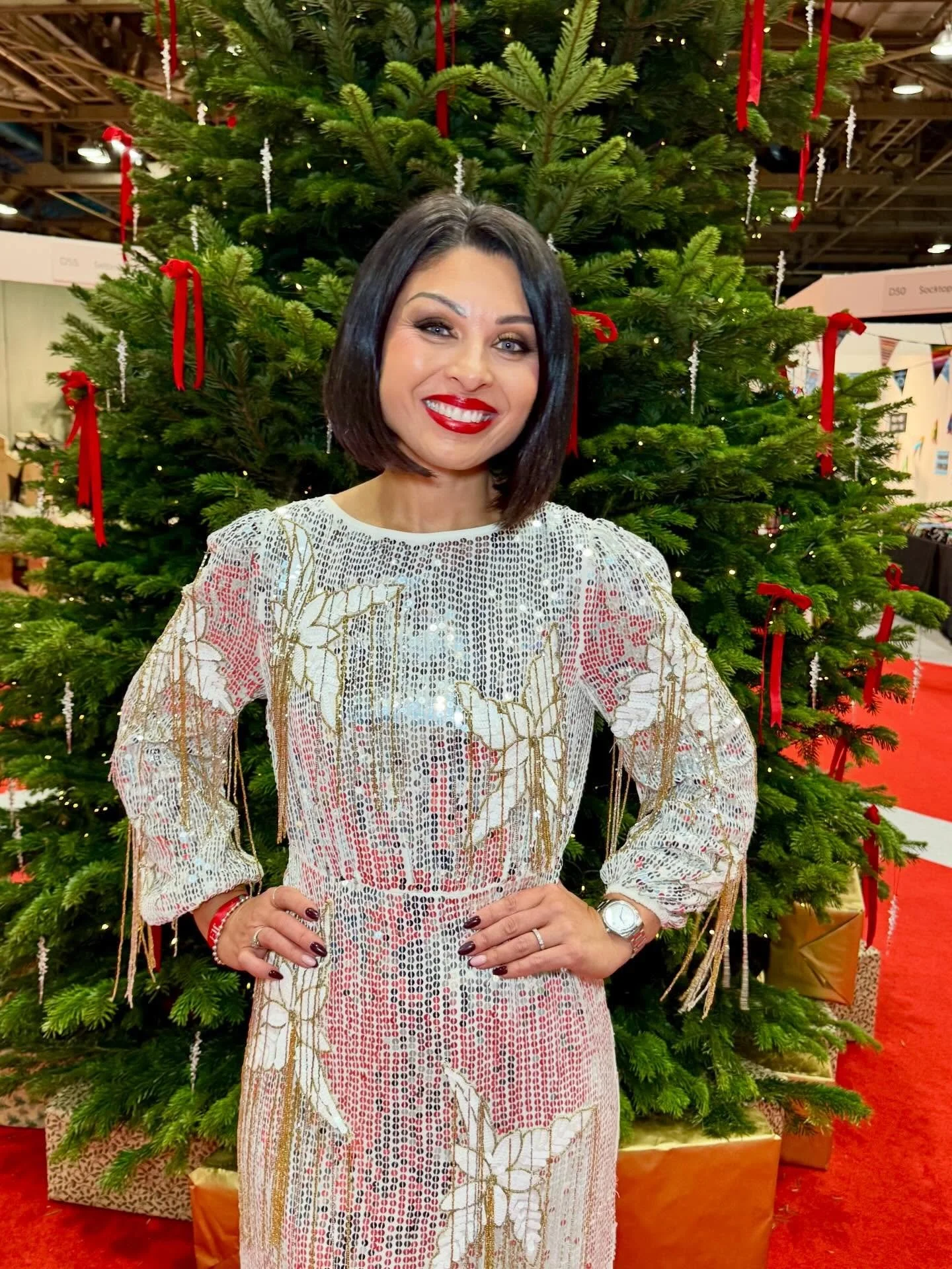 Outfit of the day for Friday&rsquo;s @deckthehallsshow 🎄more is definitely more for me 😜 with my @riverisland party dress from a couple of years ago and trusty @shoethebear gold shoe boots ✨ and beautiful makeup by @bec.artistry 
.
There was so muc