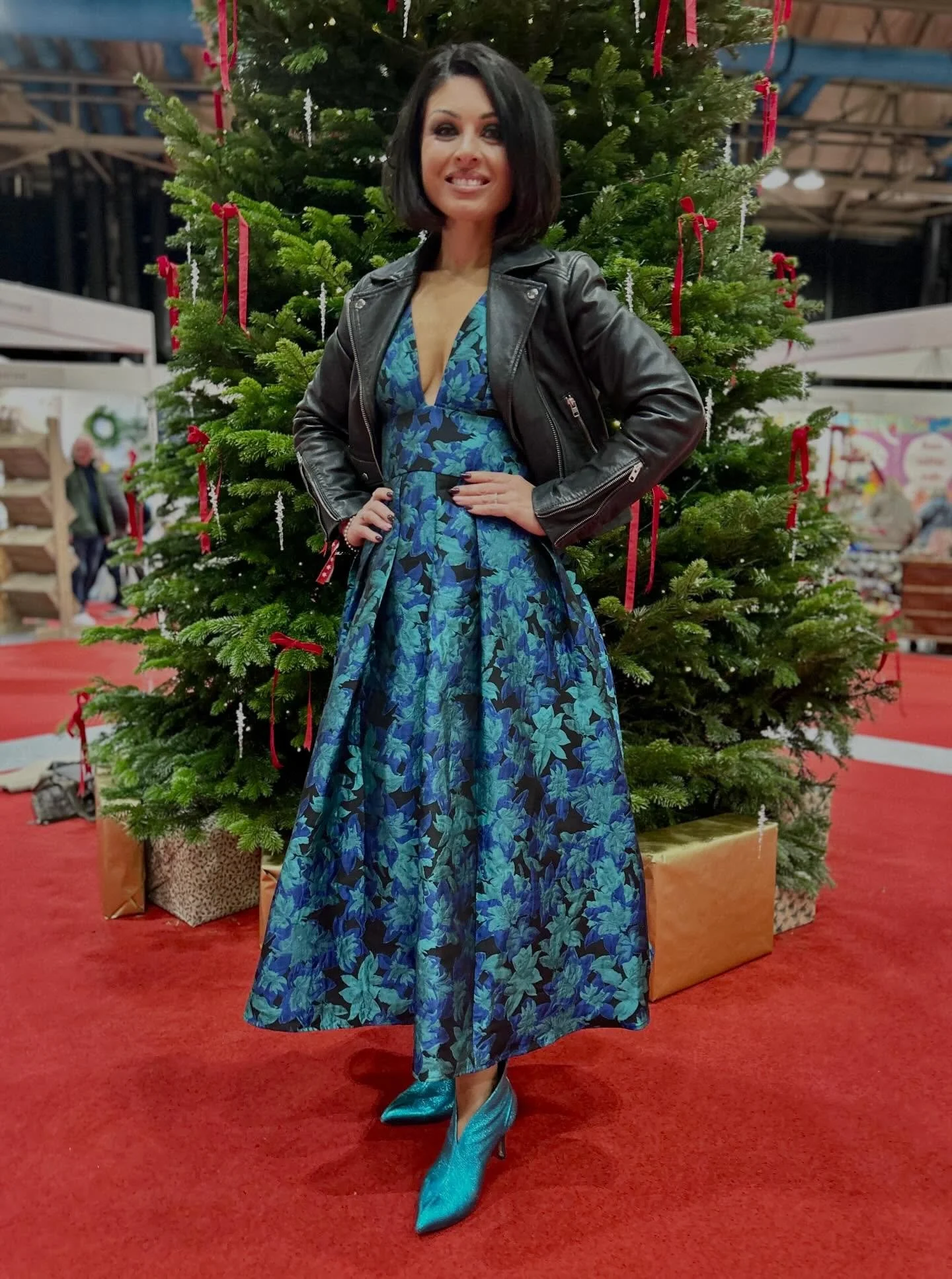 #outfitoftheday for day 2 of @deckthehallsshow on Saturday 🖤
.
I teamed my gorgeous @coastfashion prom dress from a couple of years ago with a trusty @topshop biker jacket and statement @shoethebear electric blue shoe boots 💙 for a festive, wearabl