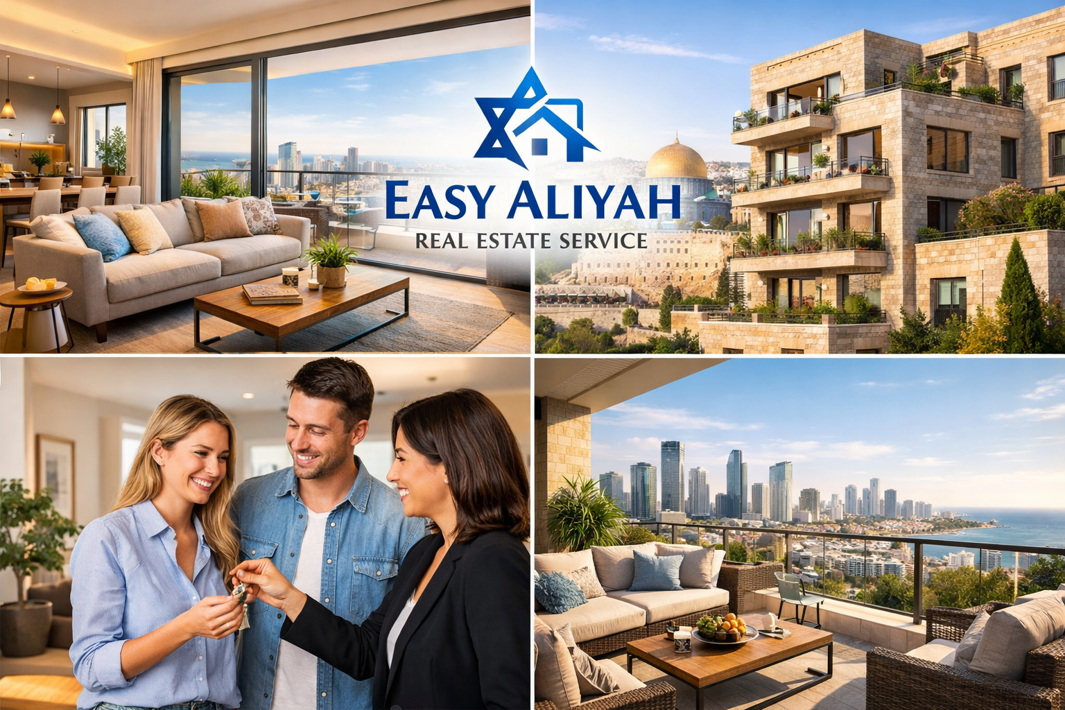 Composite image of a real estate service. Top left shows a modern living room with a view of a city skyline. Top right displays a multi-story residential building with balconies and greenery. Bottom left features a woman receiving keys from a real estate agent while a couple looks on happily. Bottom right presents a balcony with outdoor seating, overlooking a city skyline and a body of water.