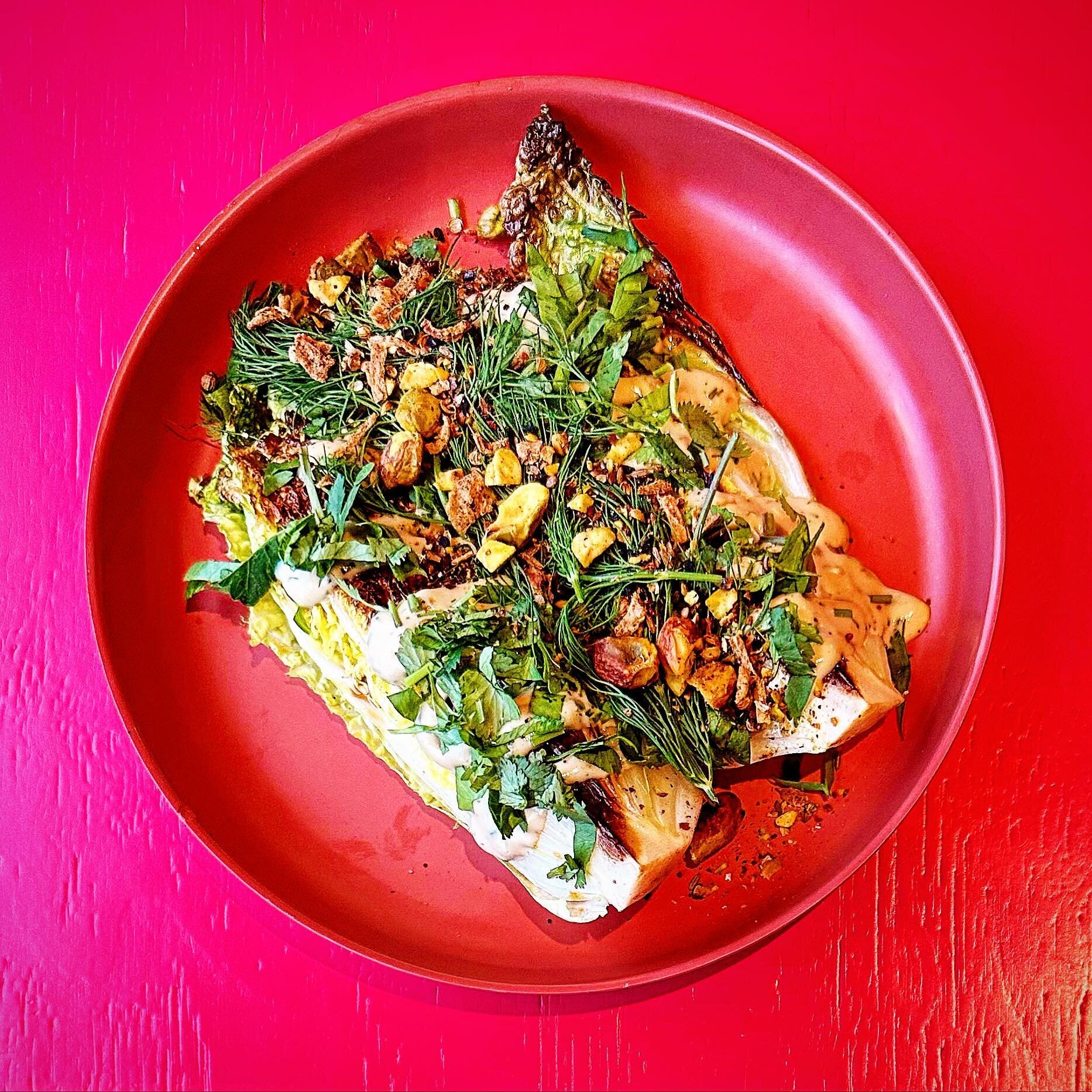 new, New, NEW! GRIDDLED CABBAGE baby napa, tahini ranch, pomegranate molasses, pistachio dukkah, herbs