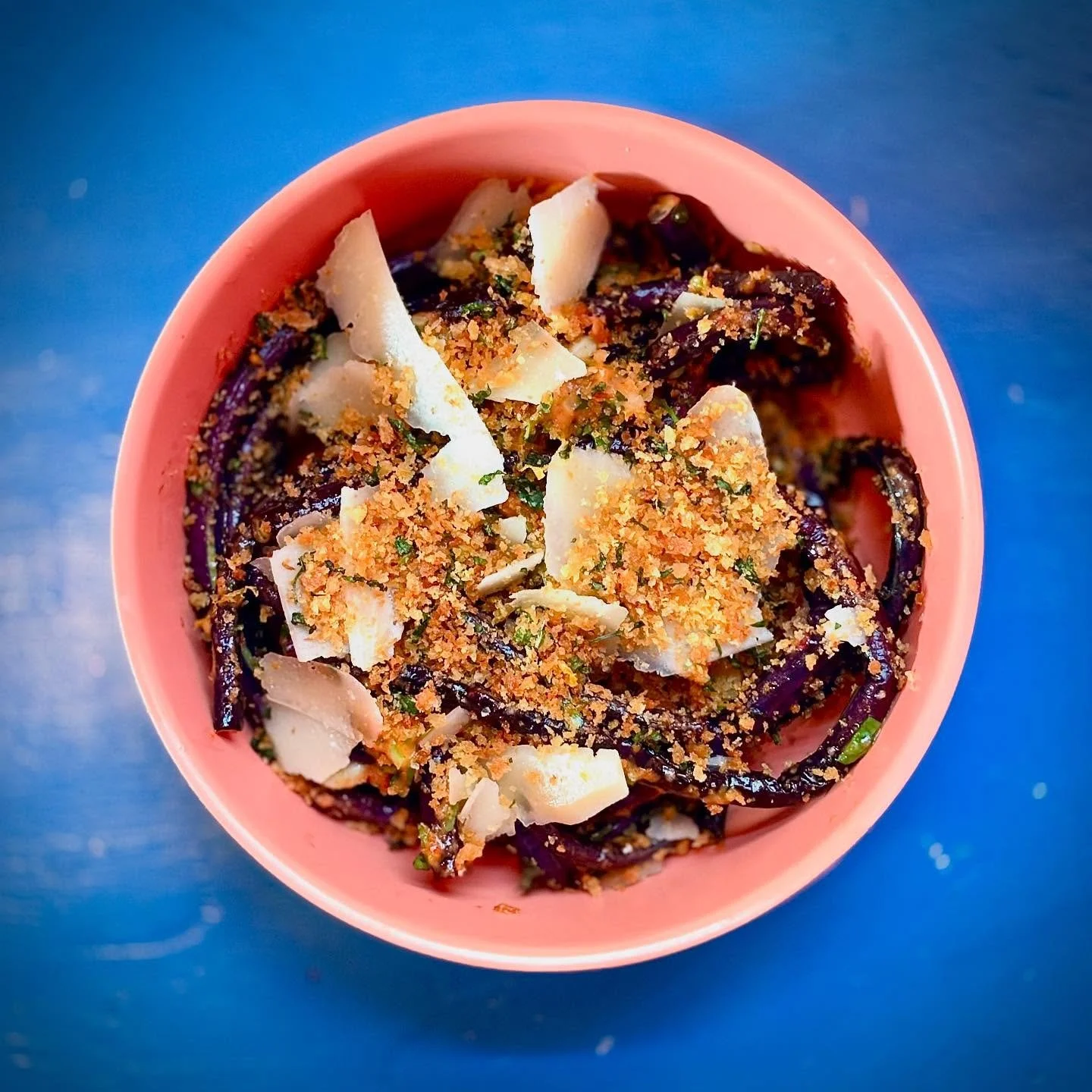 LONG BEANS! Griddled @hio_farm red noodle beans dressed with preserved lemon, bread crumbs, herbs and chipped Parmesan. Late summer goodness  coming to the menu this weekend.