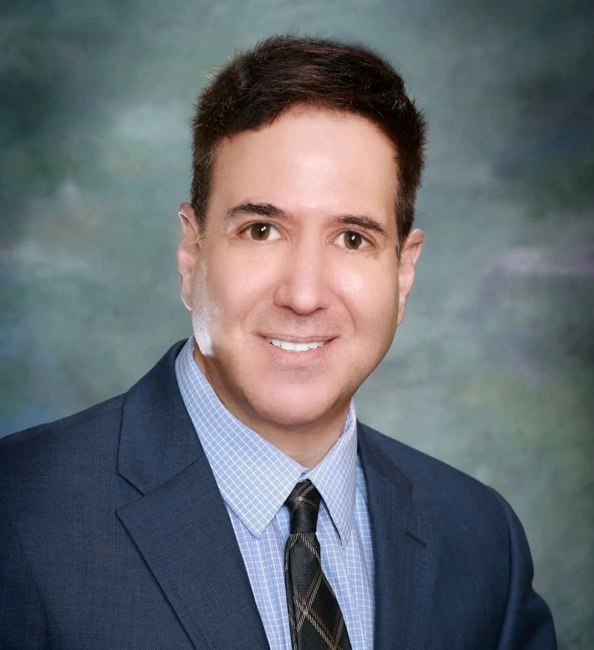Professional headshot of a man with brown hair, wearing a dark blue suit, light blue checked shirt, and a dark patterned tie, smiling in front of a blurred green background.