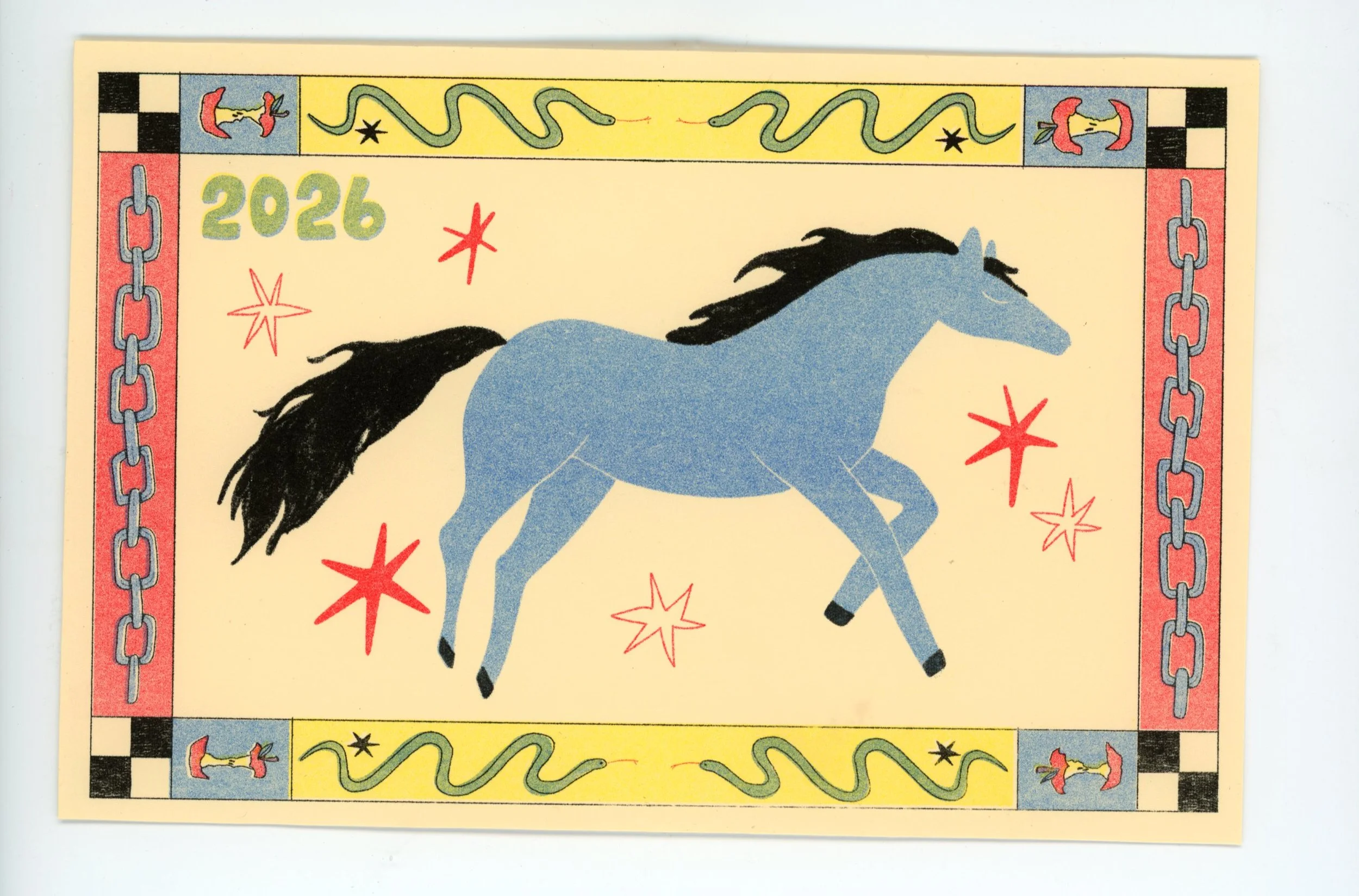 2026 year of the horse mini 5×7 risograph print