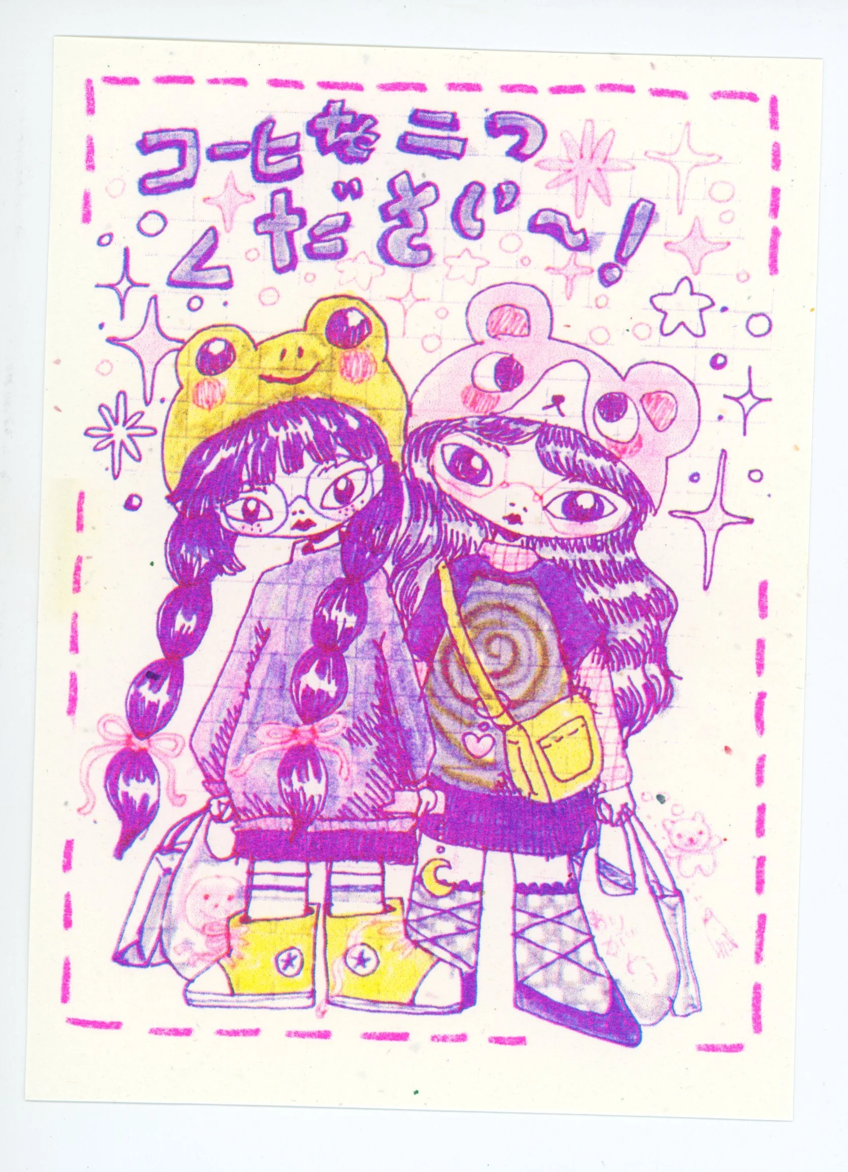 “two coffees, please!” harajuku girlies 5×7 risograph print