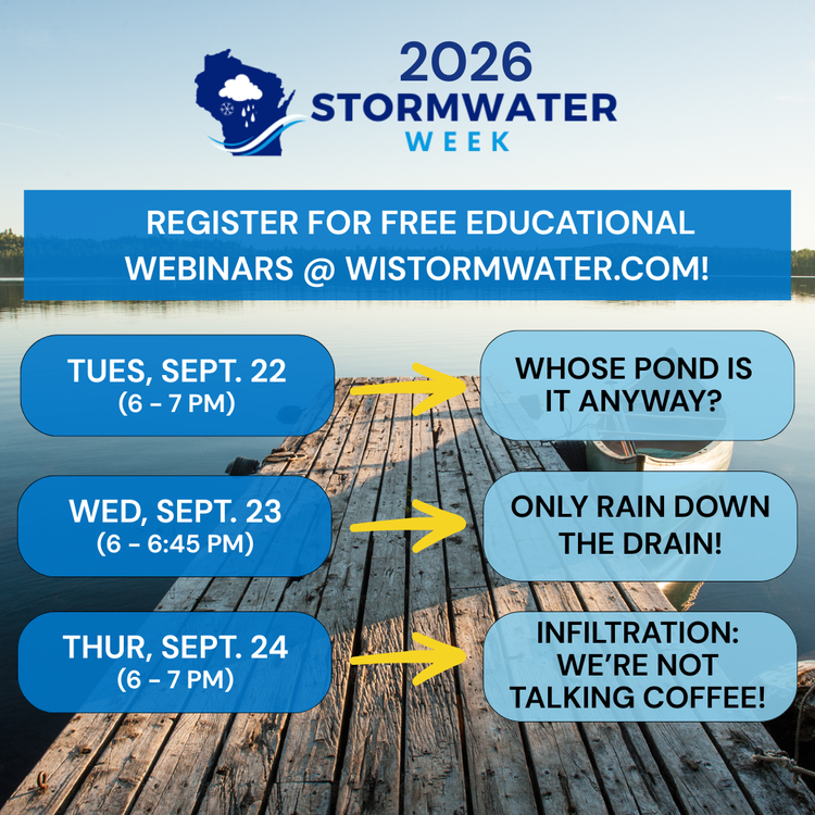 An image that lists three upcoming webinars. The dates and times of the webinars are in medium blue opaque boxes. Yellow arrows point from these boxes to adjacent baby blue opaque boxes that contain the names of the webinars. The background image is of a dock at dusk. 