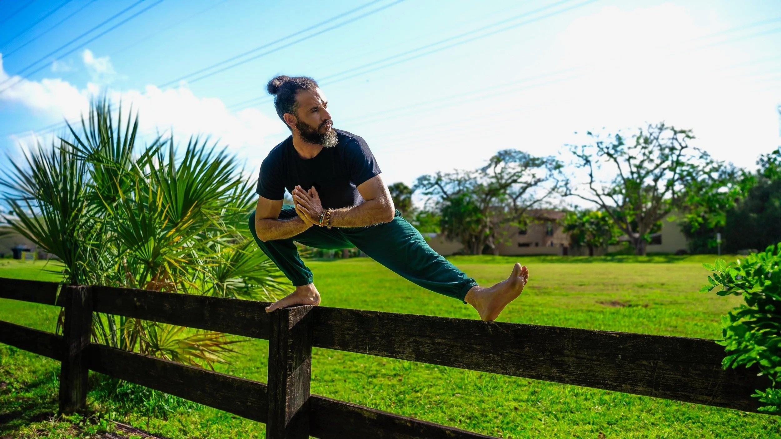 A man practicing yoga balanced on a wooden fence in a park with lush green grass, trees, and a blue sky.
