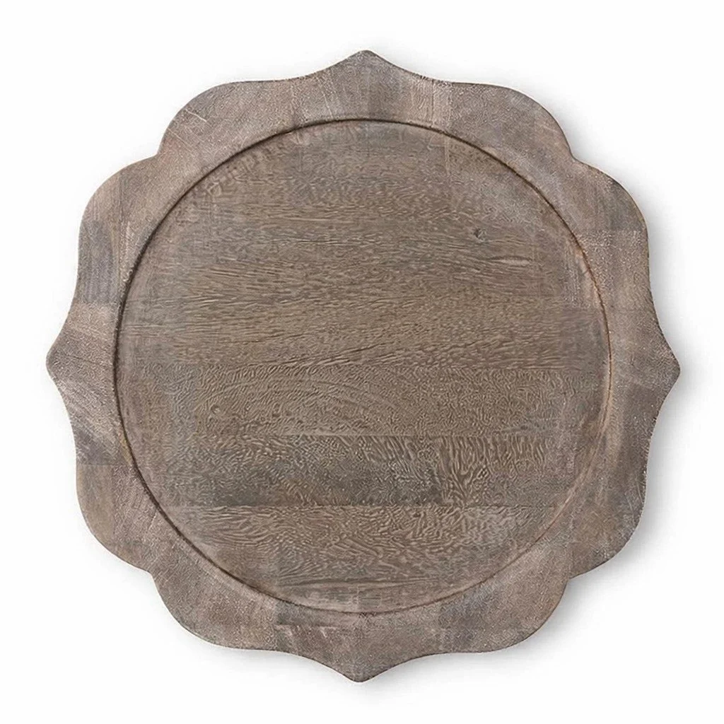 A rustic wooden charger plate with a scalloped edge, perfect for layered, organic, and elevated tabletop designs. | Wooden Charger Plate Renal Kamloops, Kelowna, Okanagan