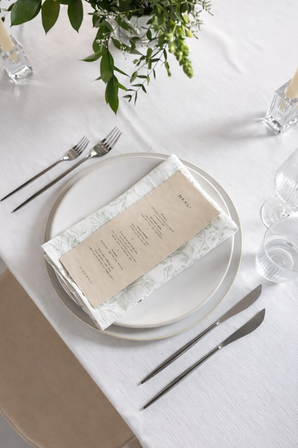 Sage Green floral linen napkin with vintage botanical pattern on white background | Pattern Floral Napkin Rental Kamloops, Kelowna, Okanagan.
