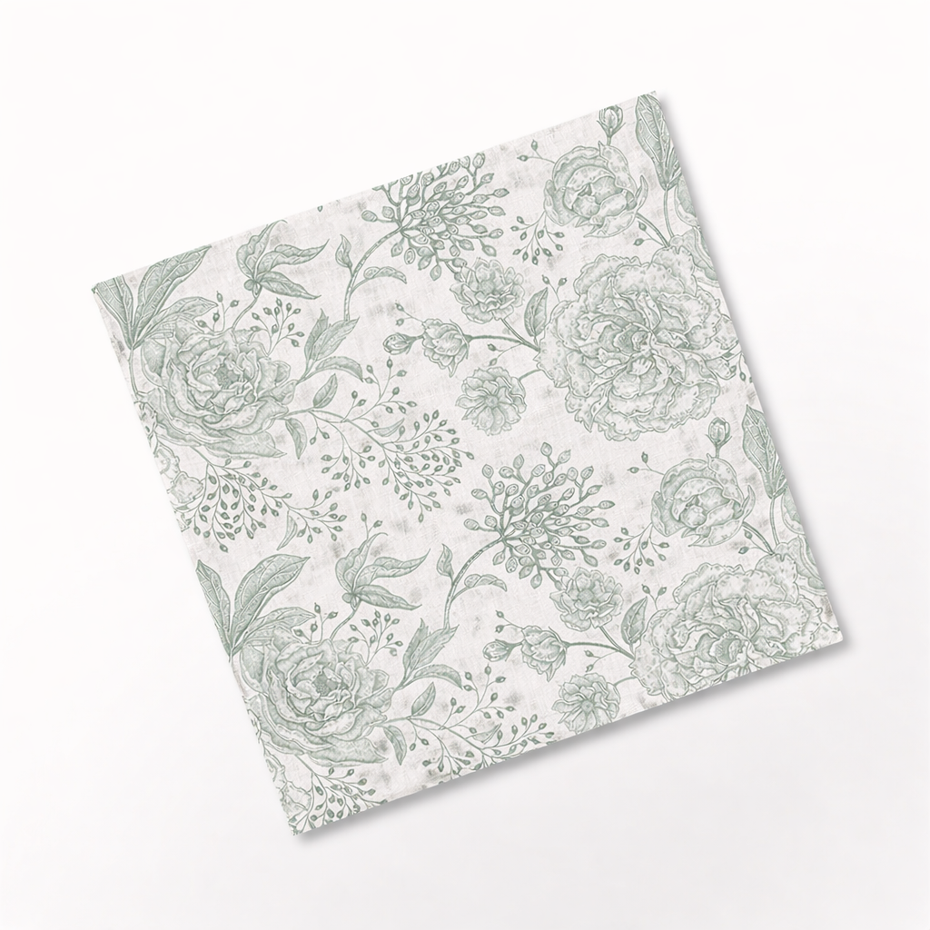 Sage Green floral linen napkin with vintage botanical pattern on white background | Pattern Floral Napkin Rental Kamloops, Kelowna, Okanagan.