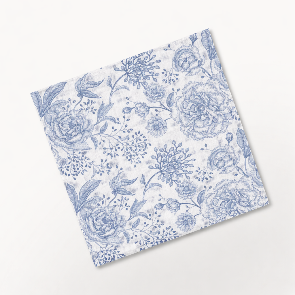 Blue floral linen napkin with vintage botanical pattern on white background | Pattern Floral Napkin Rental Kamloops, Kelowna, Okanagan.