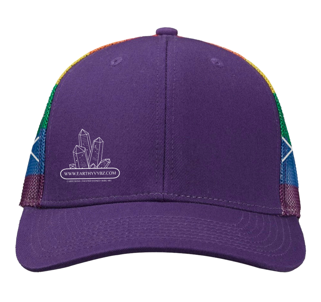 Earthy Vybz Rainbow Mesh Trucker Hat – Purple & White – Pre-Sale Price: $23