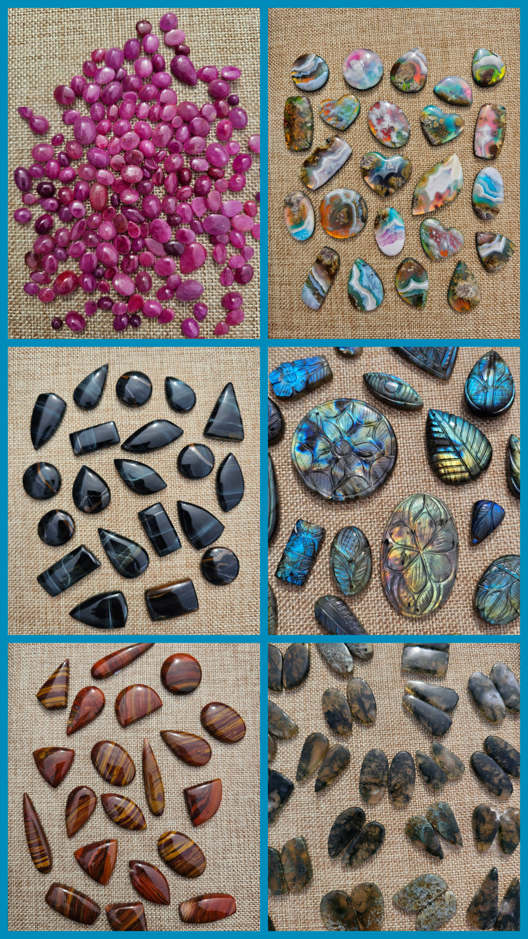 Collage of the new cabochons for this weeks live sales. Including, mini ruby cabochons, drilled carved labradorite, drill moss agate pairs, black tiger's eye, red/yellow jasper