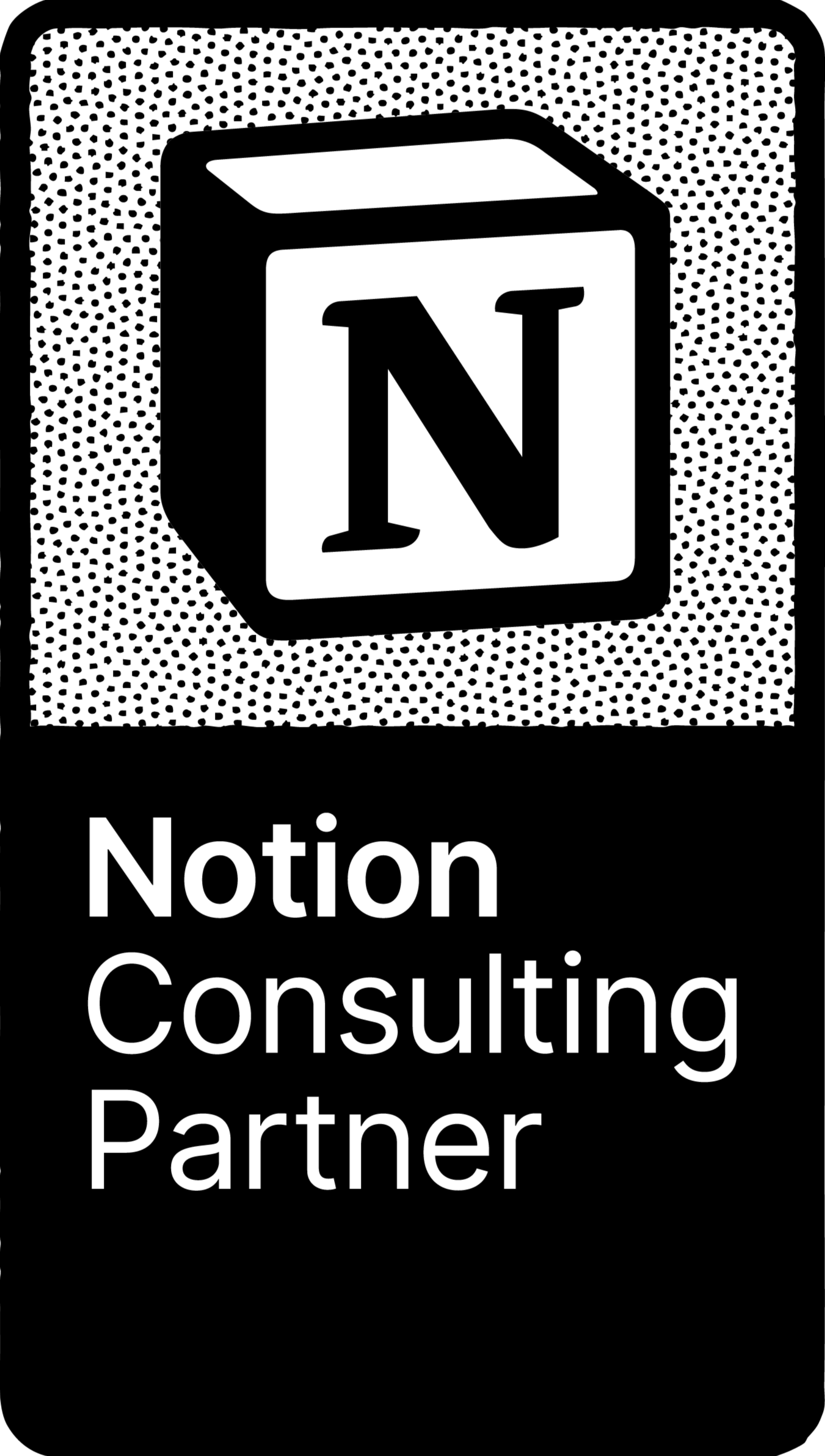 Black and white logo with a 3D cube displaying a large letter 'N' on its front face, surrounded by a dotted pattern, and the words 'Notion Consulting Partner' underneath.