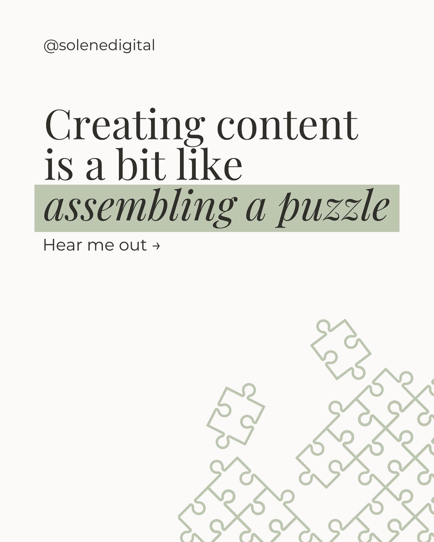 Content creation is like building a puzzle 🧩

Each piece represents a crucial element: your goals, your purpose, the formats you choose, the power of your copywriting, your strategic approach, and the systems you put in place.

These puzzle pieces h