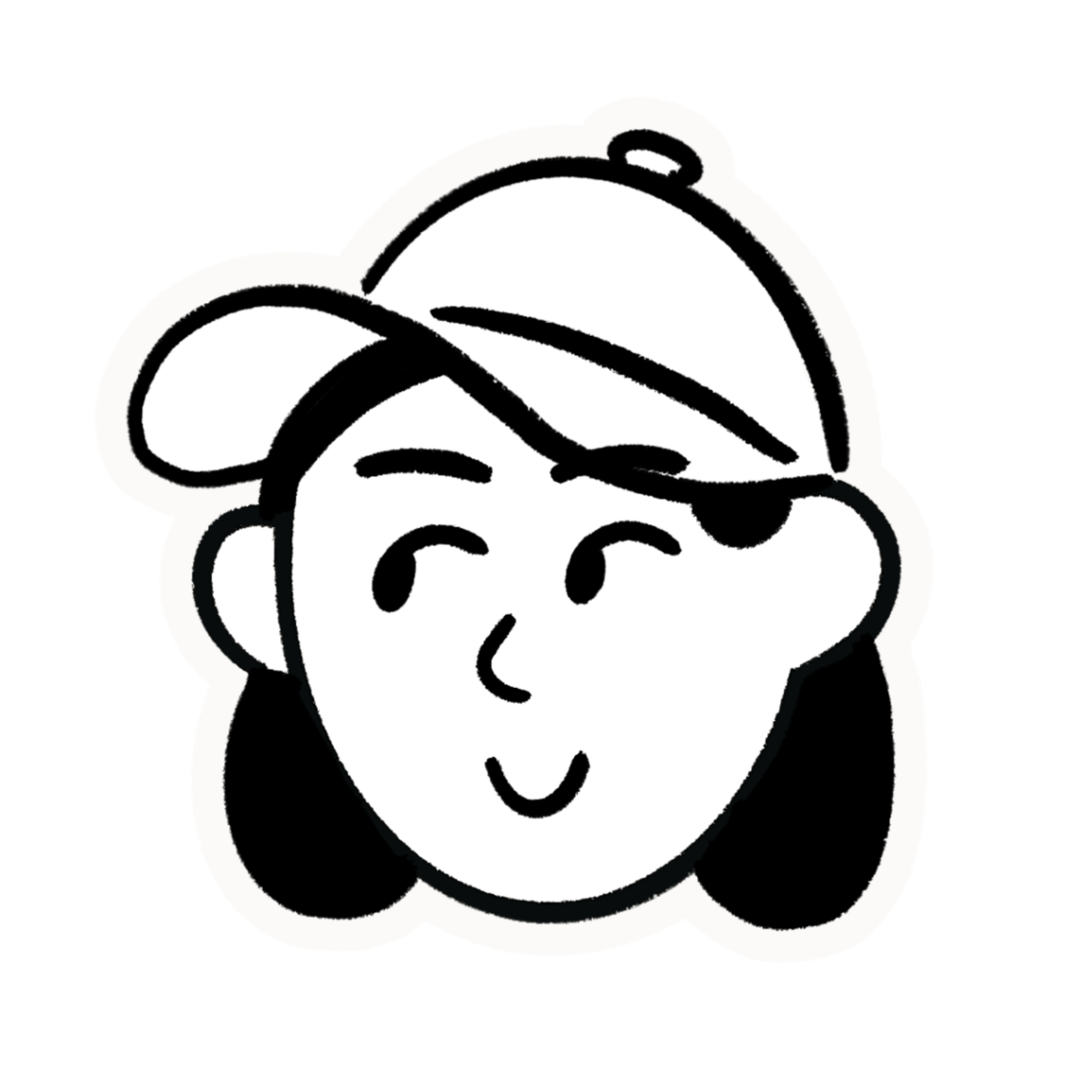 Line drawing of a smiling person with medium-length hair, wearing glasses and a baseball cap.
