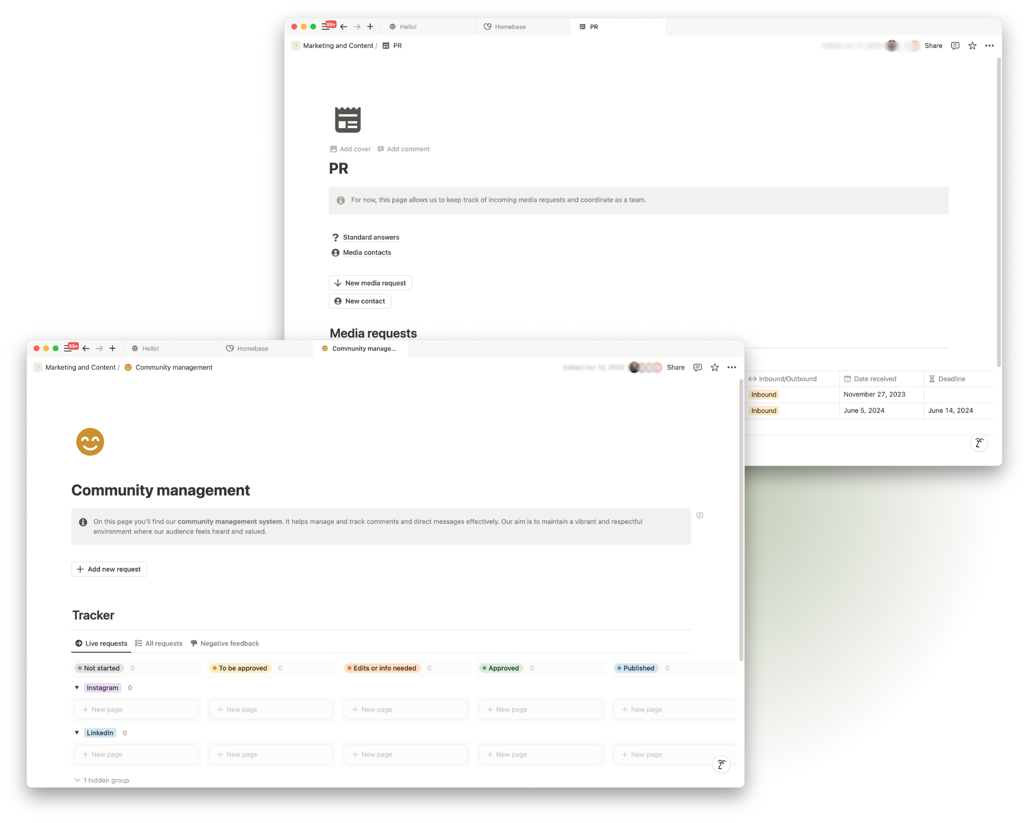 Two screenshots of custom Community Management and PR Notion systems.