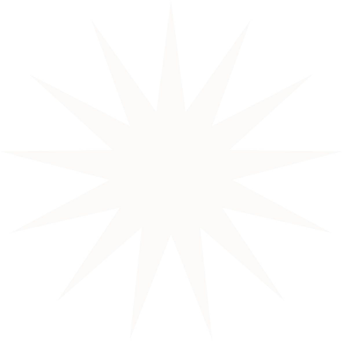A white, nine-pointed starburst shape with sharp, elongated points on a black background.