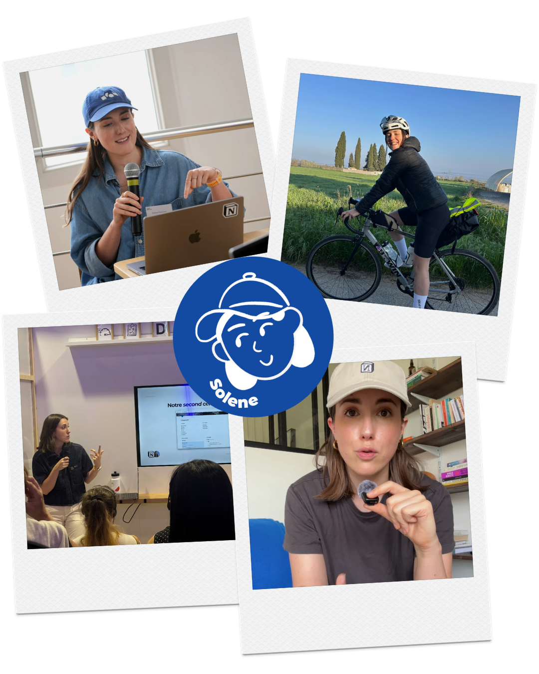 Collage of four photos featuring a woman with brown hair, wearing a white cap with a logo, in different settings: giving a presentation indoors, riding a bike outdoors, and speaking in front of a screen in a classroom. The photos are arranged around a blue circular logo of a smiling girl wearing a cap with the word 'Solene' underneath.