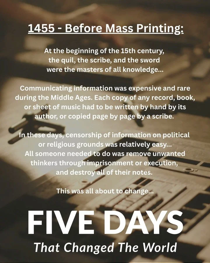 &ldquo;Thursday, 29 March 1455: The Invention of The Printing Press&rdquo;

Come explore inventions, machines, music, and history with us at FIVE DAYS THAT CHANGED THE WORLD this Saturday March 7 at 7:30 PM