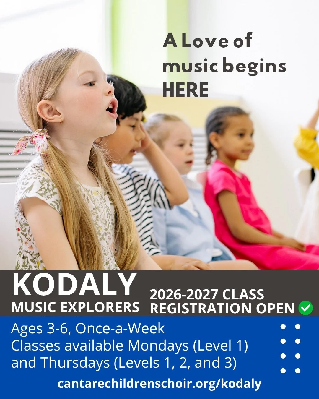 2026-2027 REGISTRATION IS OPEN for our Kod&aacute;ly Music Explorers music class program for children three years and older who want to explore music! 

In our classes, you will observe small groups of active young children eagerly exploring the magi