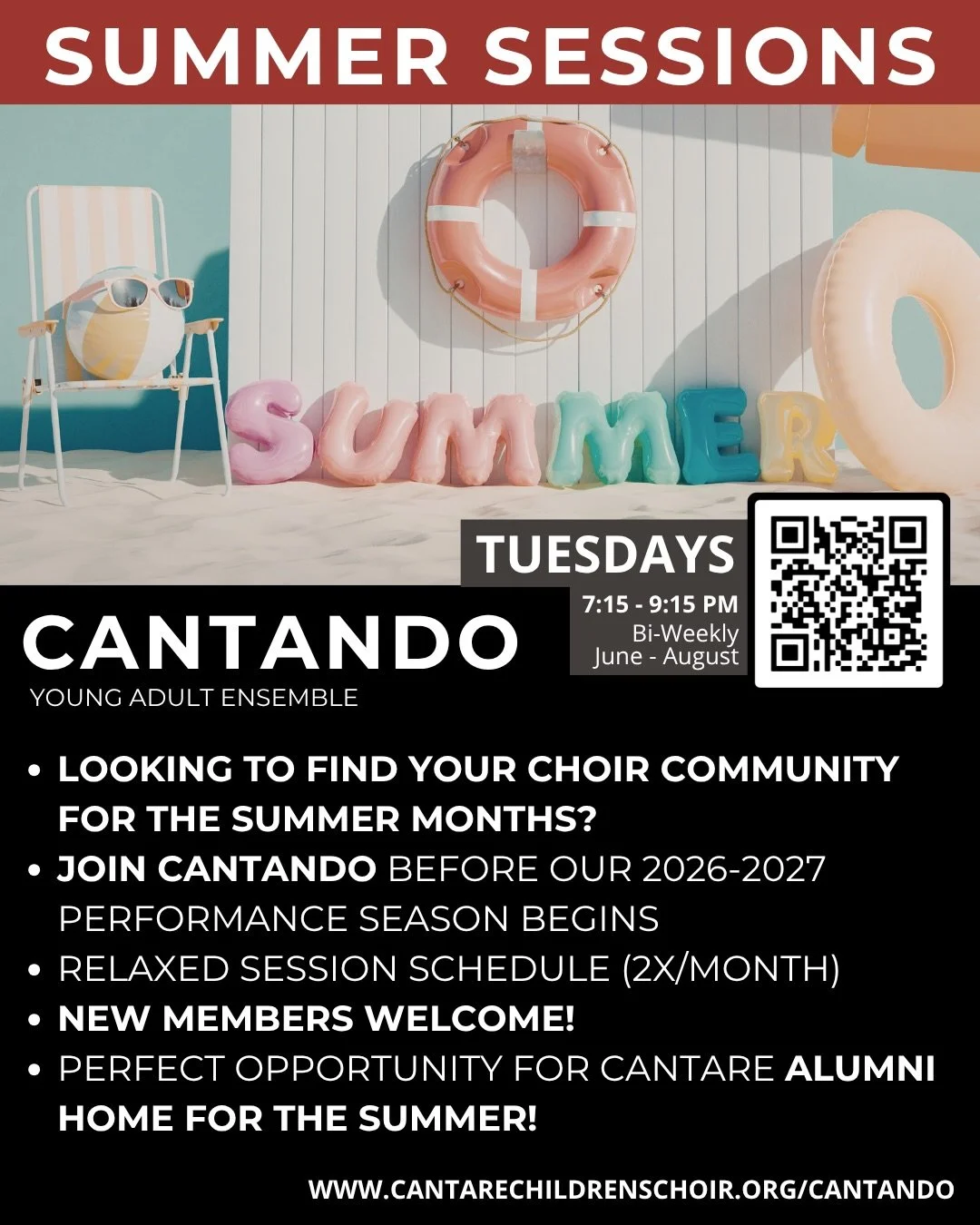 While our Cantilena-Cantare ensembles programs are in &ldquo;Summer Mode&rdquo; for June-August, Cantando is still singing, and we&rsquo;d love for you to join us!

We&rsquo;re inviting experienced young adult choral singers of all voice parts to joi