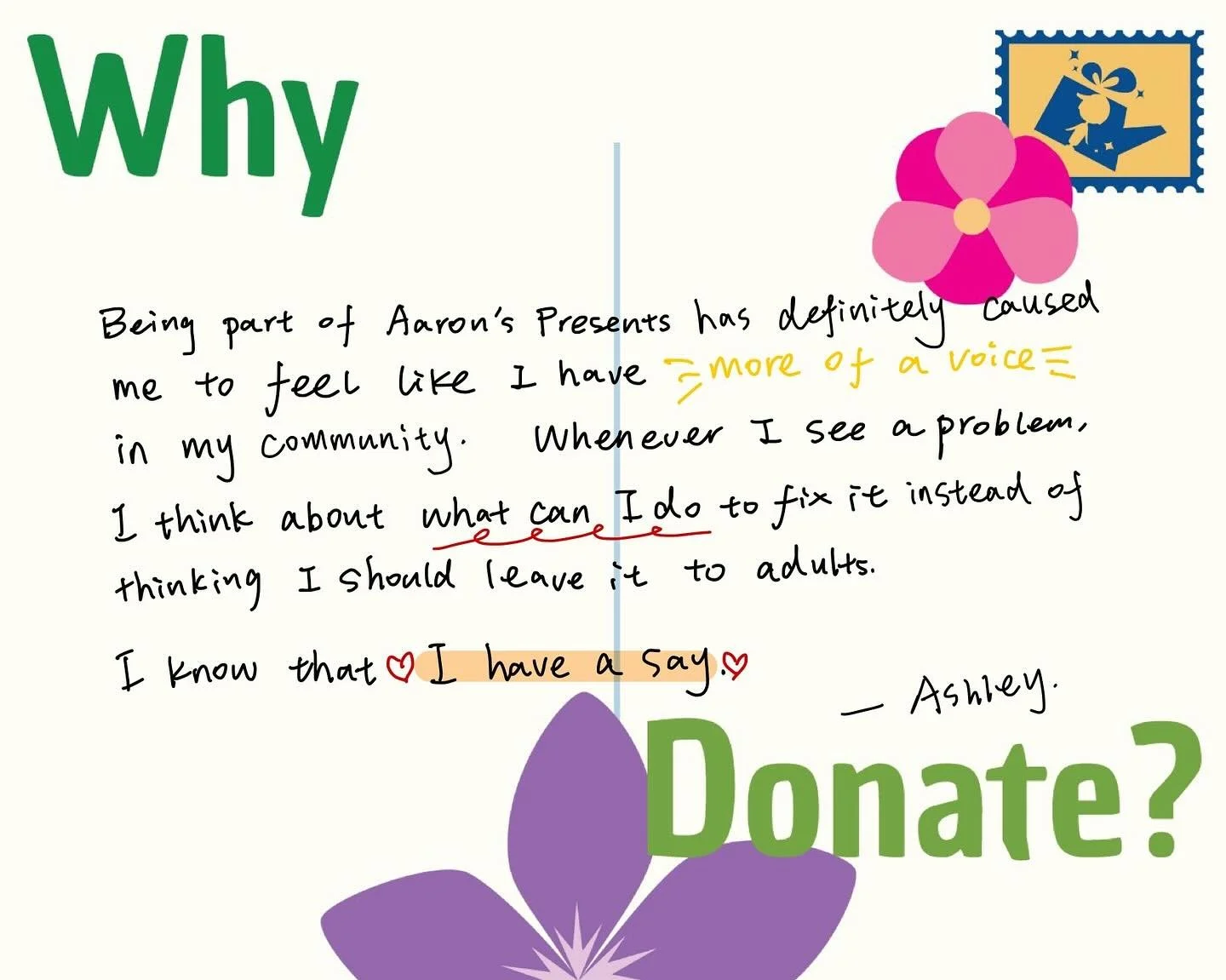&ldquo;Being a part of Aaron&rsquo;s Presents has made me realize that I do have a voice, and that I don&rsquo;t have to wait to make change.&rdquo;

Every gift you give helps young people find their voice and take action in their communities. 🌿 

#
