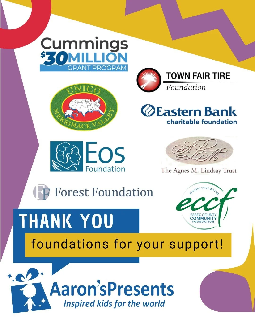 Thank you to our Foundation supporters who provide more than half of our annual budget, and are a big reason that Aaron&rsquo;s Presents has been able to continue for 12 years!! So thankful for their donors, families and staff who review applications