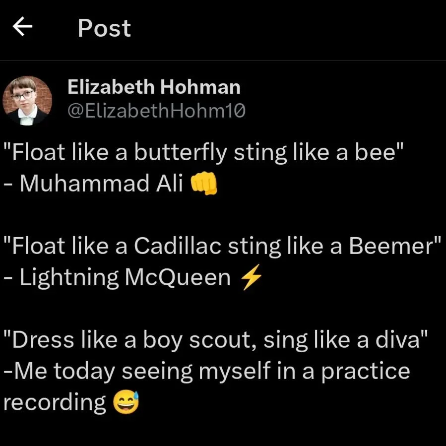 Do I not look like a boy scout on vacation?

Image Text:
&quot;Float like a butterfly sting like a bee&quot;- Muhammad Ali

&quot;Float like a Cadillac sting like a Beemer&quot;- Lightning McQueen

&quot;Dress like a boy scout, sing like a diva&quot;