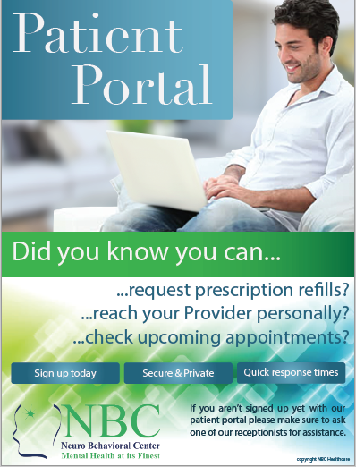 This promotional flyer for the NBC Patient Portal was created using Adobe InDesign and Illustrator. The layout, icons, and text treatments were designed to be clean, professional, and easy to read—emphasizing accessibility and user-friendly features