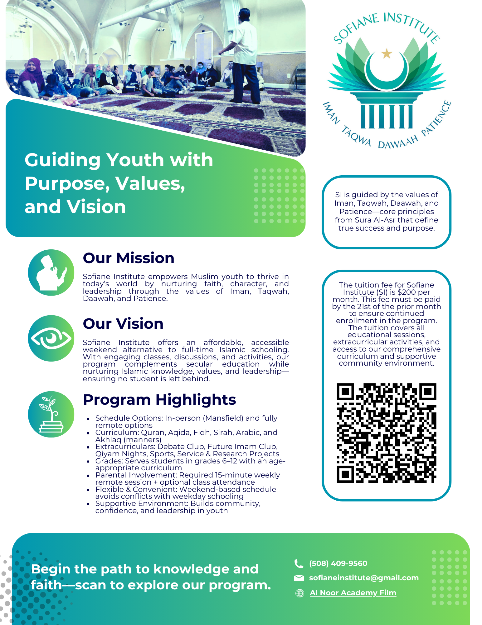This flyer for Sofiane Institute was designed using Adobe InDesign and Illustrator to showcase the program’s mission of guiding Muslim youth through faith, leadership, and character-building. A clean layout with Islamic design elements highlights key