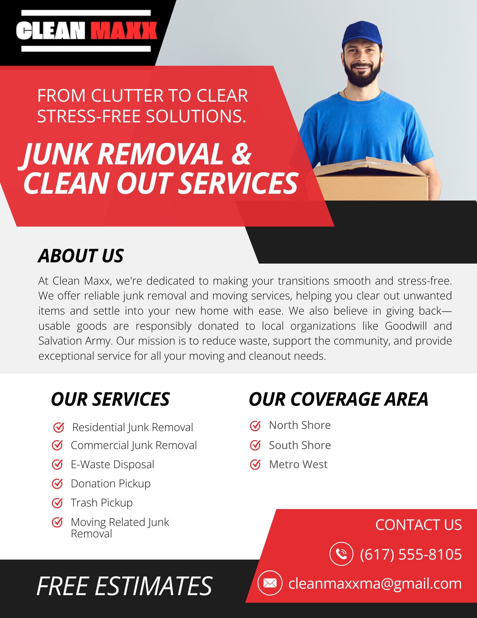 This bold flyer for Clean Maxx was created using Adobe InDesign and Illustrator to highlight their junk removal and cleanout services. With strong typography, high-contrast colors, and clear service sections, the design delivers key information at a