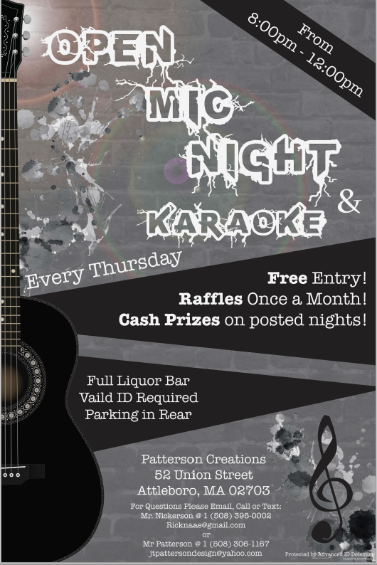 This edgy, music-themed flyer was created to promote Open Mic Night & Karaoke at Patterson Creations. Designed using Adobe Illustrator and InDesign, the layout features bold textures, a grunge aesthetic, and dynamic typography to reflect the energy o