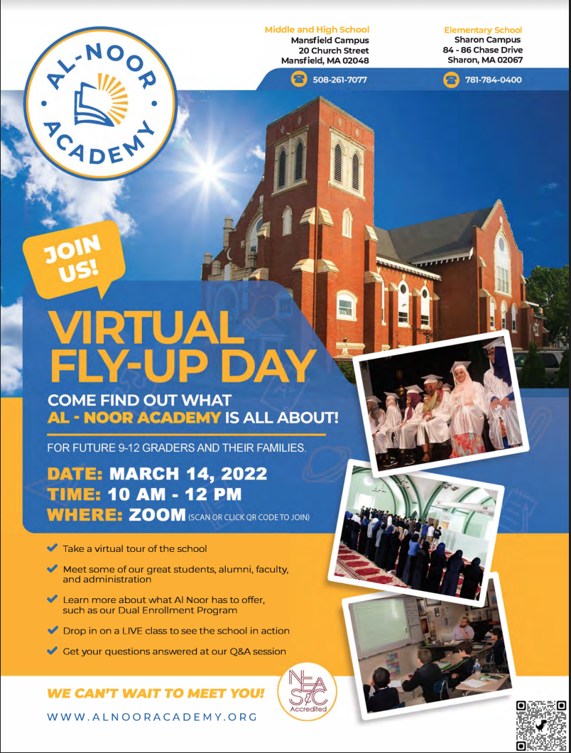 This vibrant flyer was created for Al-Noor Academy’s Virtual Fly-Up Day, inviting future high school students and their families to explore the school community. Designed in Adobe InDesign and Illustrator, it features bold colors, student imagery, an