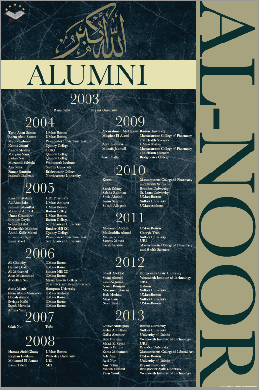 This alumni tribute poster was created for Al-Noor Academy to honor graduates from 2003 to 2013. Designed using Adobe InDesign and Illustrator, it features a marble-textured background, elegant typography, and Arabic calligraphy—blending academic pri