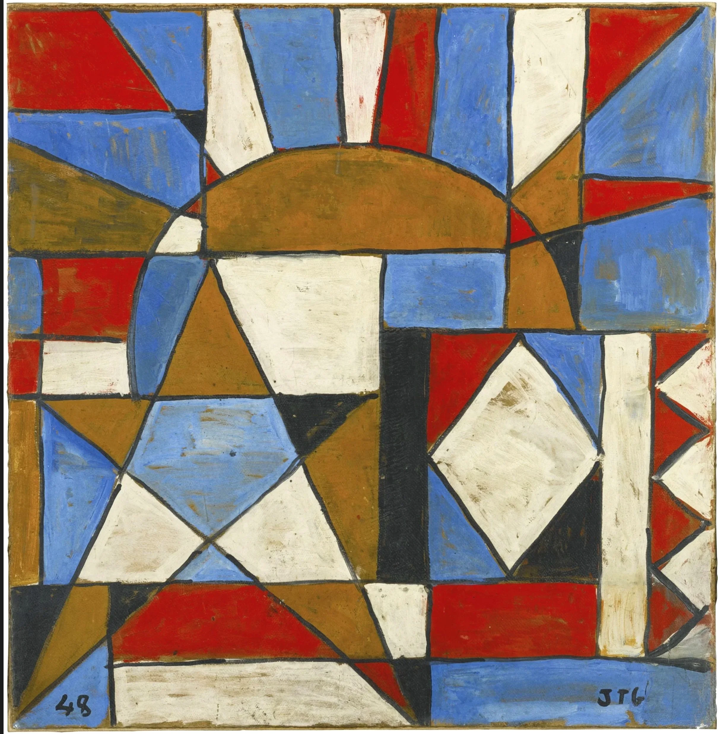 Abstract geometric painting with shapes in white, brown, red, black, and blue, featuring a large semi-circle at the top center and a star-like figure at the bottom left.