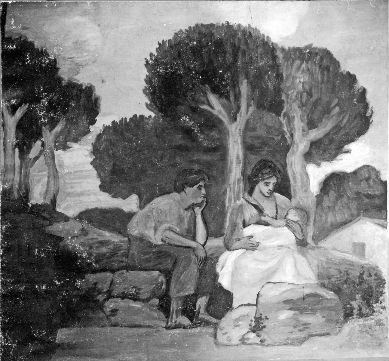A black and white painting of a woman holding a baby sitting on a rock, with a man sitting nearby, all outdoors among large trees by Joaquin Torres-Garcia.