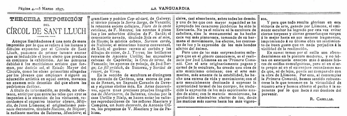 Historical newspaper clipping from La Vanguardia, dated March 4-5, 1897, discussing an exhibition at the Circul de Sant Lluch Joaquin Torres-Garcia.