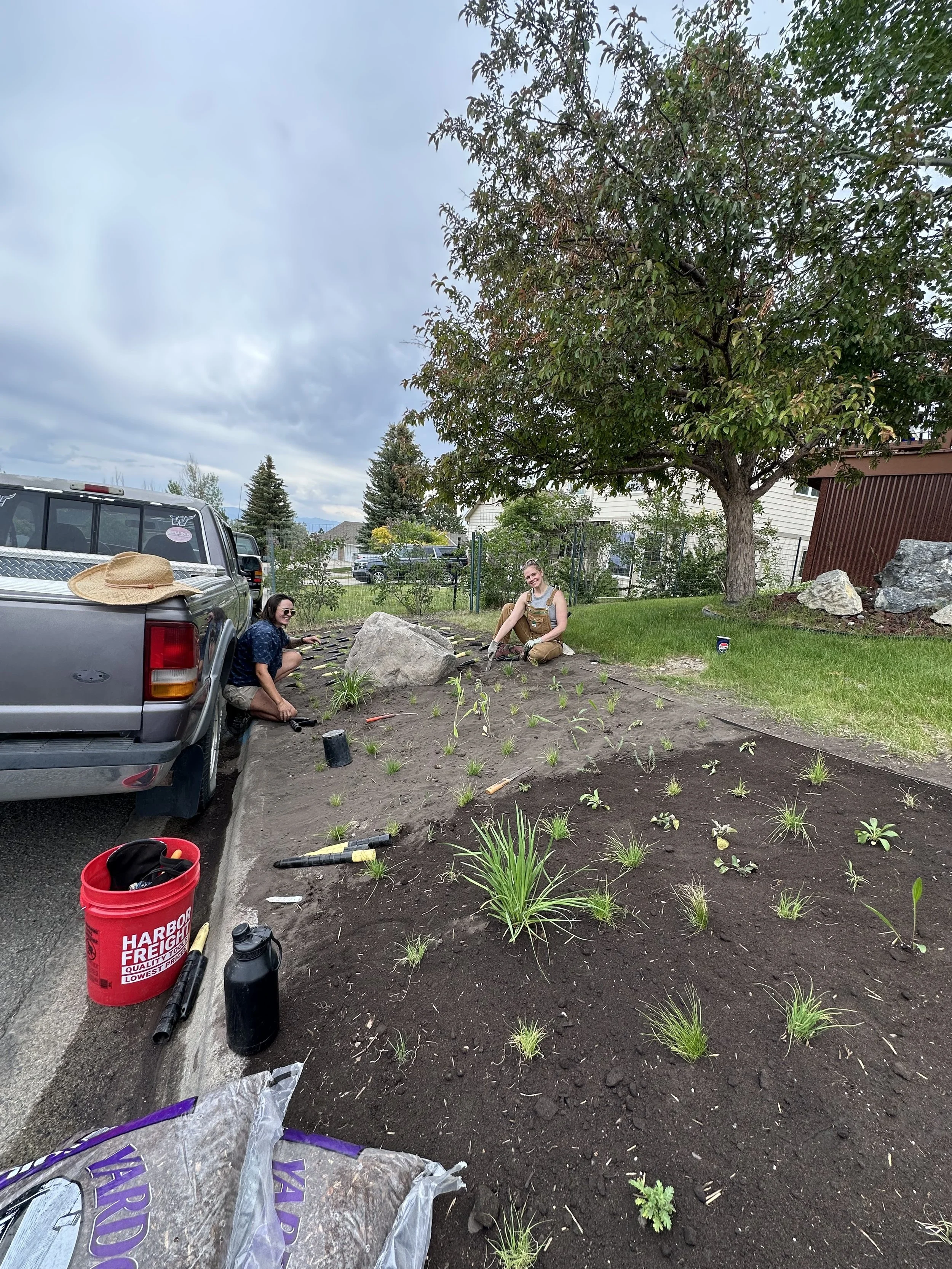 Two women planting small plants and flowers in a garden bed next to a parked pickup truck, with a large tree, rocks, and houses in the background under a cloudy sky.
