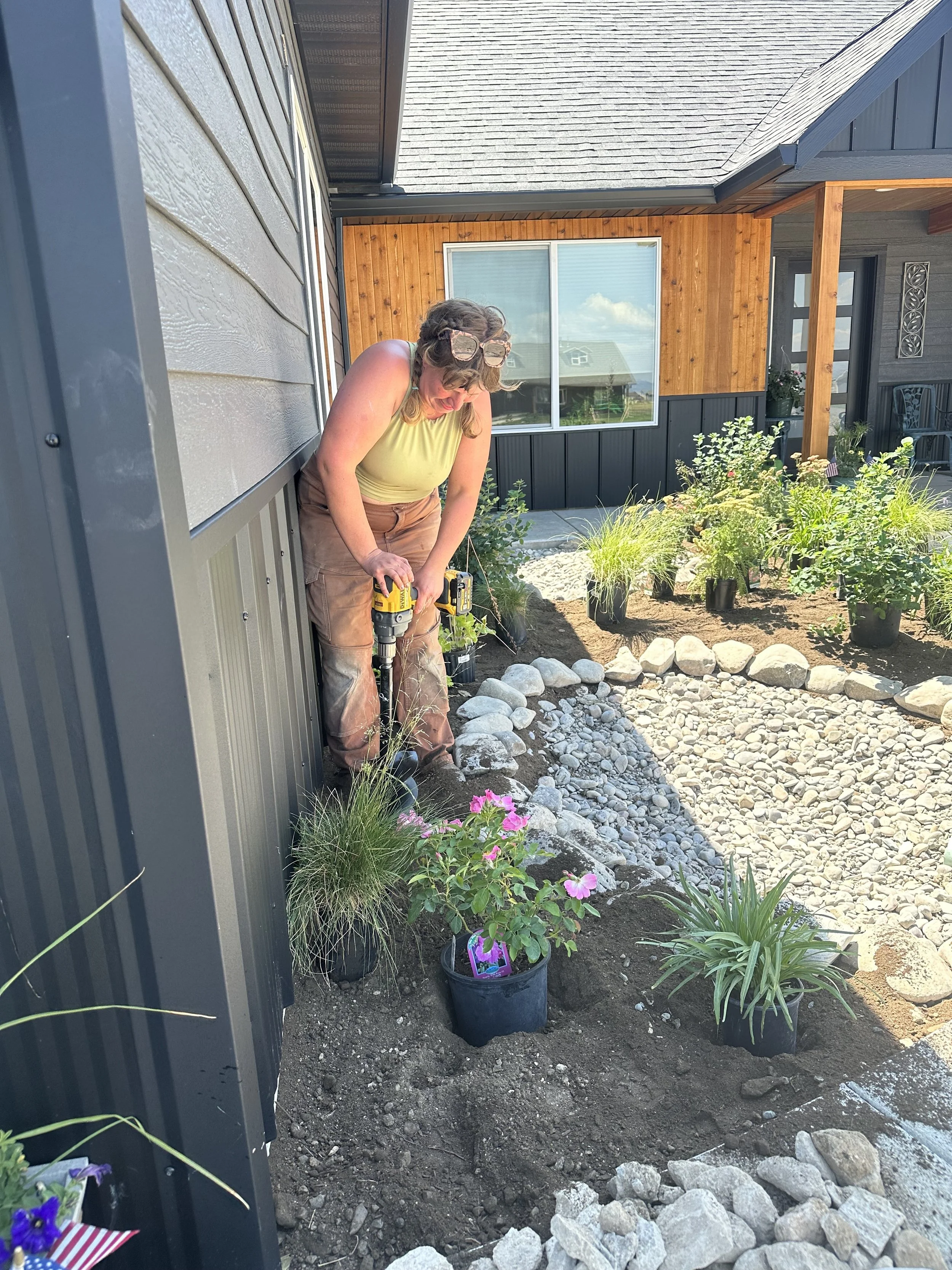 Woman planting flowers in a garden bed outside a house with modern siding and a large window, using a power drill.