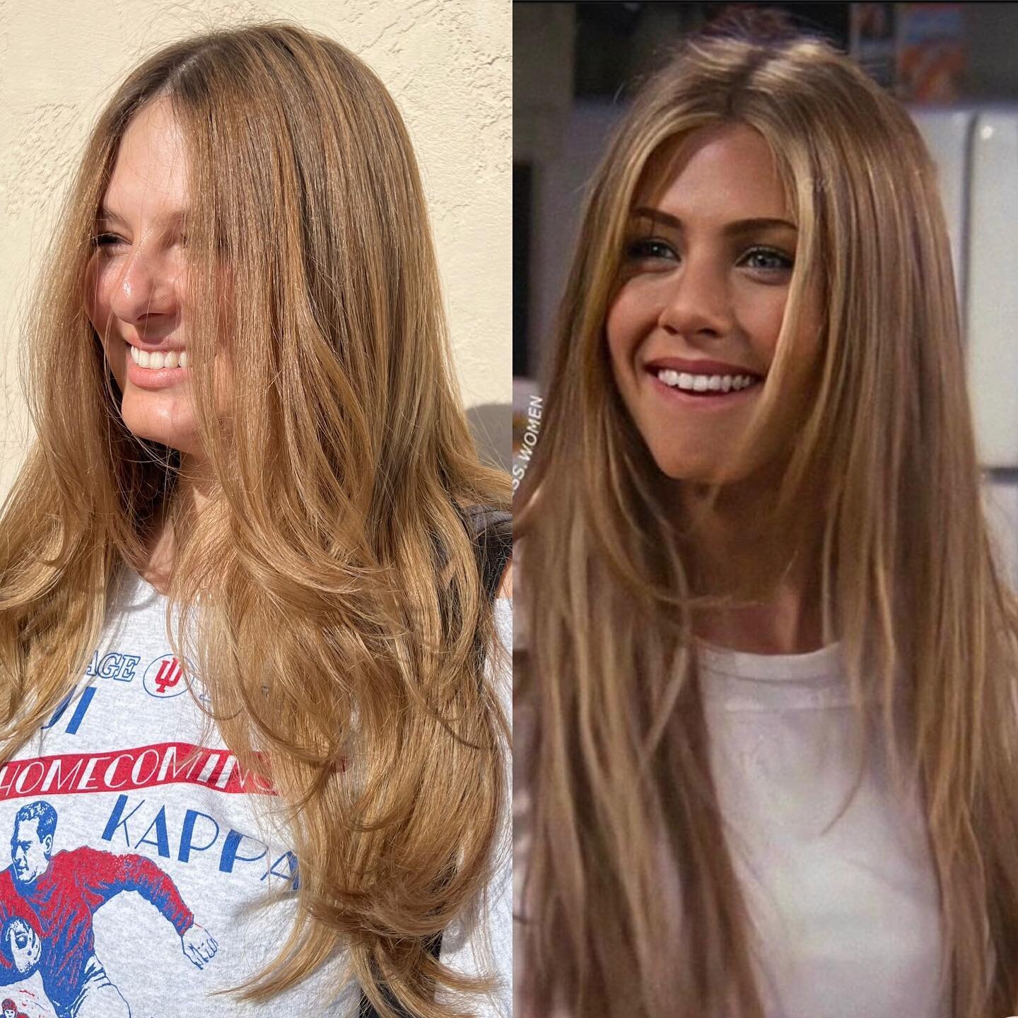 The results vs the inspo ✨
Jennifer Anistons bronde is HOT this summer! 

We achieved this honey bronde with a full wet balayage to bring her brown a few shades lighter!
&bull;swipe for her before!

Warm tones are less upkeep!! 
-hair naturally lifts