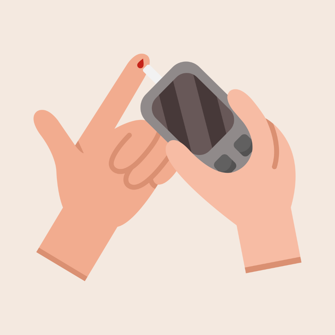 A person holding a blood glucose meter while pricking their finger with a small lancet to check blood sugar levels.
