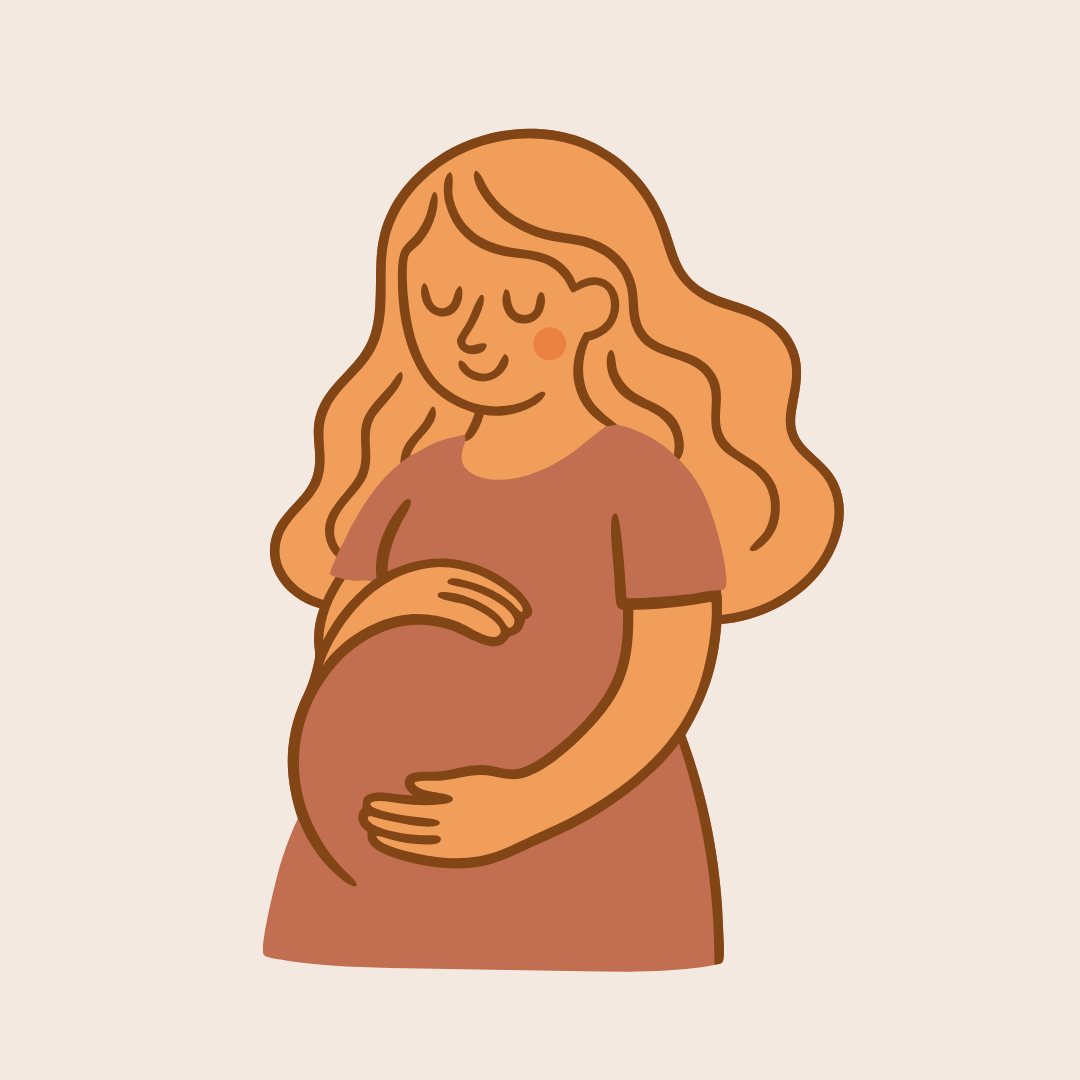 A cartoon illustration of a pregnant woman with long wavy hair, wearing a brown shirt, holding her belly, and smiling softly with eyes closed.
