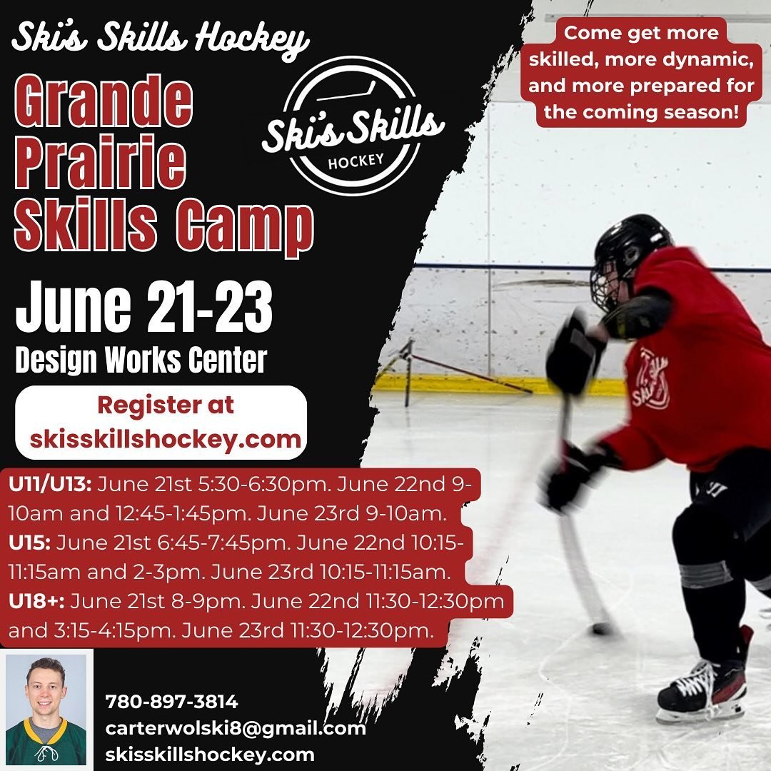June 21-23 Skills in GP!🚨
-
Checkout this weekend skills camp in June at the Design Works Center! See the graphic for age group and time details. Hit the product tag to register or head to skisskillshockey.com (link in bio). Come get more skilled, m