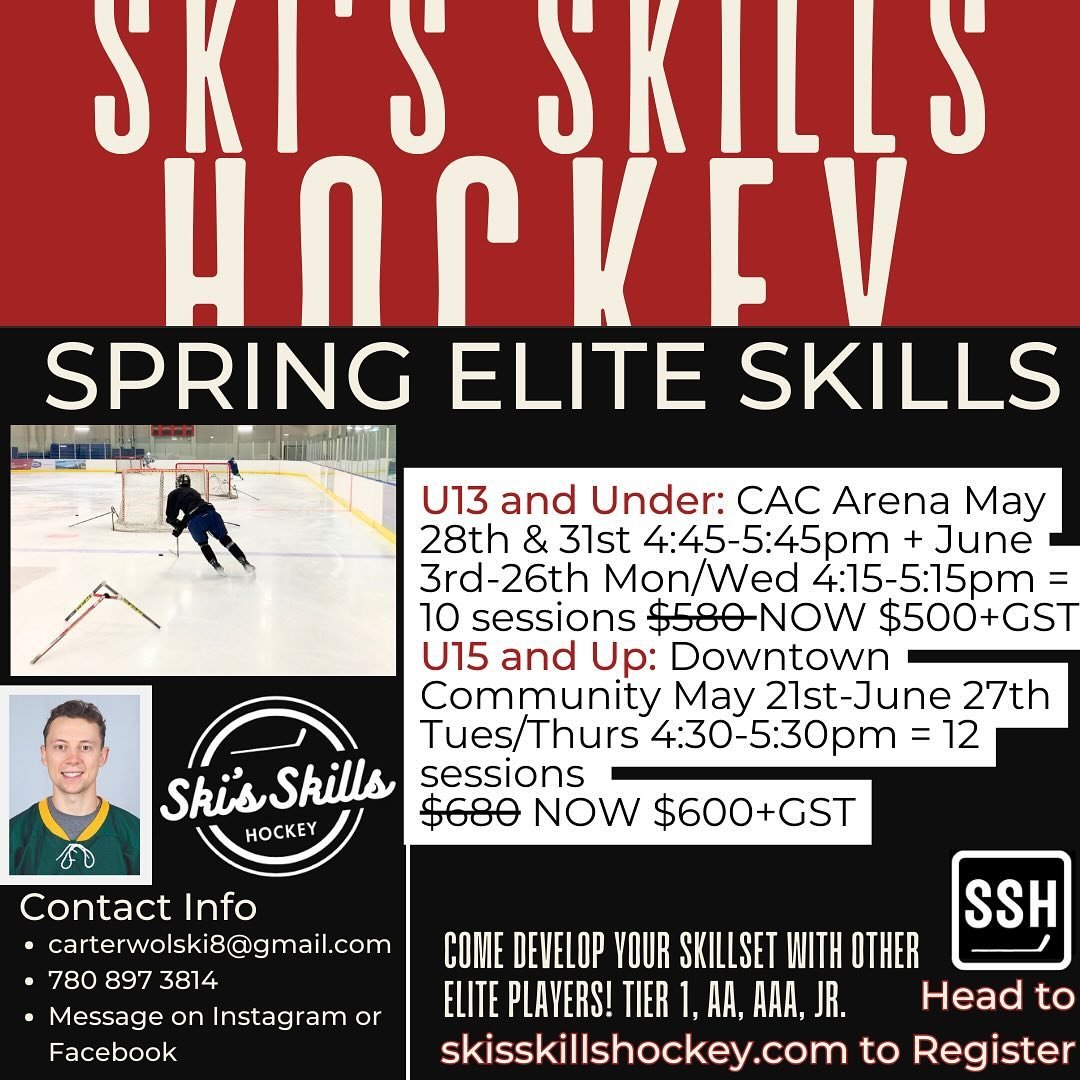 EARLY BIRD PRICES🚨ELITE SPRING SKILLS!🚨
-
Come get more skilled this spring from late May to end of June! These sessions will be designated for elite caliber players. There is a U13 and under option and a U15 and up option! Registration is up on sk