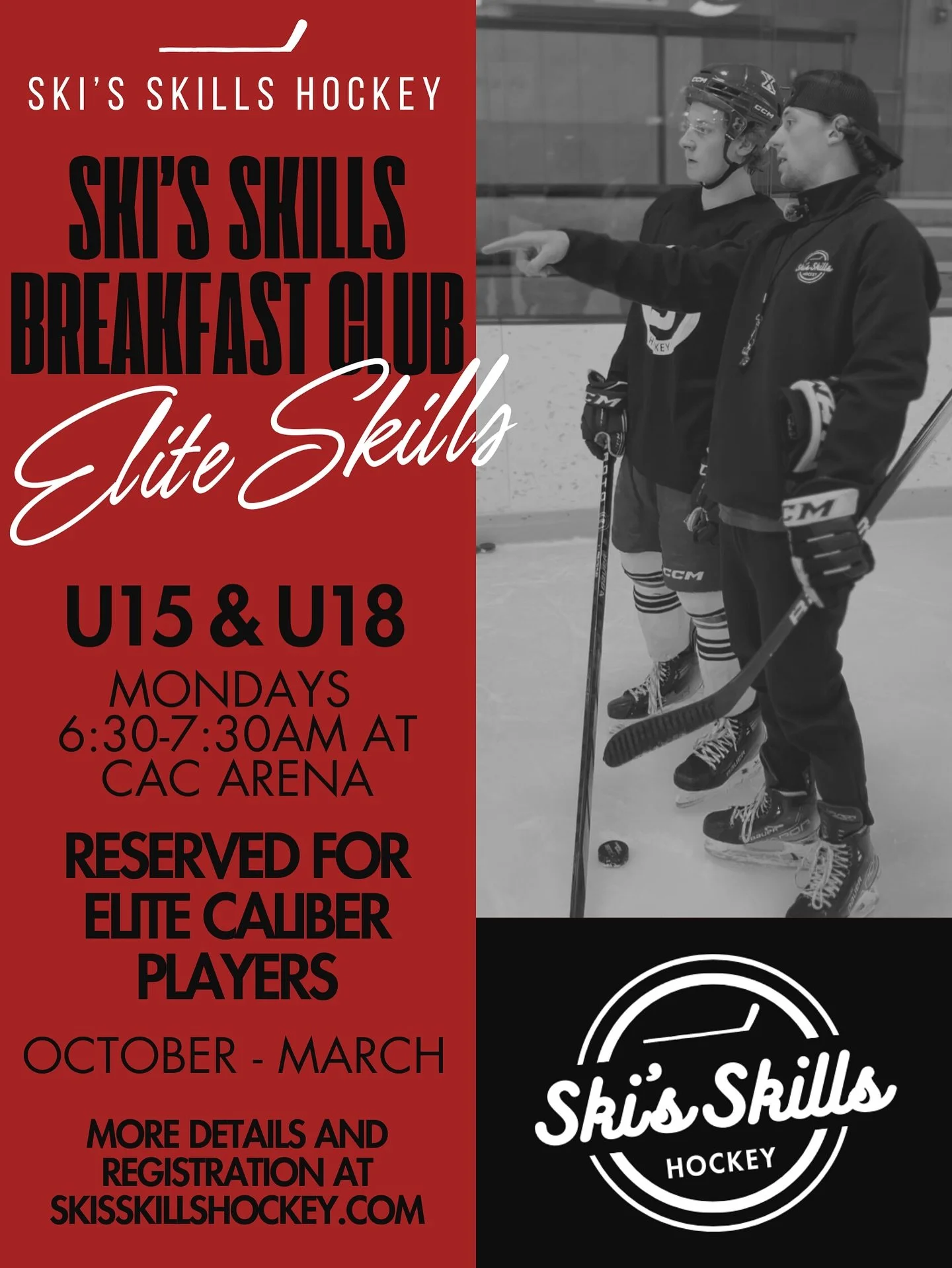 ONLY 4 SPOTS LEFT❗️SKI’S SKILLS BREAKFAST CLUB‼️🏒
-
Take your season to the next level with this weekly elite development option! Taking place 6:30-7:30am at CAC Arena every Monday starting October 6th, these skill sessions will be fun yet ext