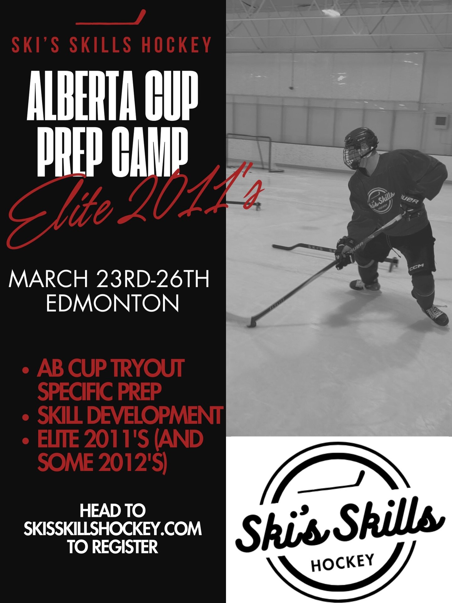 AB CUP PREP CAMP!🏒🏆
-
Take advantage of your spring break and get prepared for the Alberta Cup tryouts the following weekend! This camp will have Alberta Cup tryout specific drills, skill development focused drills, and small area games to curate o